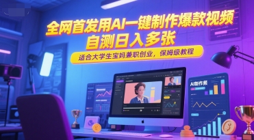 全网首发用AI一键制作爆款视频，自测日入多张，适合大学生宝妈兼职创业，保姆级教程网赚项目-副业赚钱-互联网创业-资源整合小白搞钱网,分享免费网赚项目,网创资源,视频教程,网络资源的休闲小站