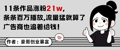 11条作品涨粉21W，条条百W播放，流量猛就算了，广告商也追着给钱网赚项目-副业赚钱-互联网创业-资源整合小白搞钱网,分享免费网赚项目,网创资源,视频教程,网络资源的休闲小站
