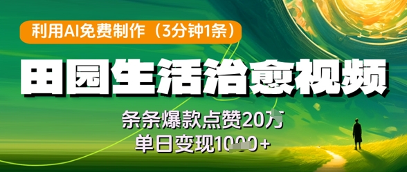 利用AI免费制作田园生活治愈视频，条条爆款点赞20W，单日变现几张网赚项目-副业赚钱-互联网创业-资源整合小白搞钱网,分享免费网赚项目,网创资源,视频教程,网络资源的休闲小站