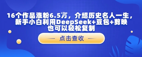 16个作品涨粉6.5W，介绍历史名人一生，新手小白利用DeepSeek+豆包+剪映也可以轻松复制网赚项目-副业赚钱-互联网创业-资源整合小白搞钱网,分享免费网赚项目,网创资源,视频教程,网络资源的休闲小站