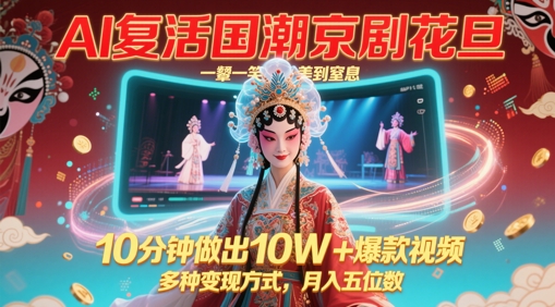 AI复活国潮京剧花旦，一颦一笑美到窒息，10分钟做出10W+爆款视频，多种变现方式，月入五位数网赚项目-副业赚钱-互联网创业-资源整合小白搞钱网,分享免费网赚项目,网创资源,视频教程,网络资源的休闲小站